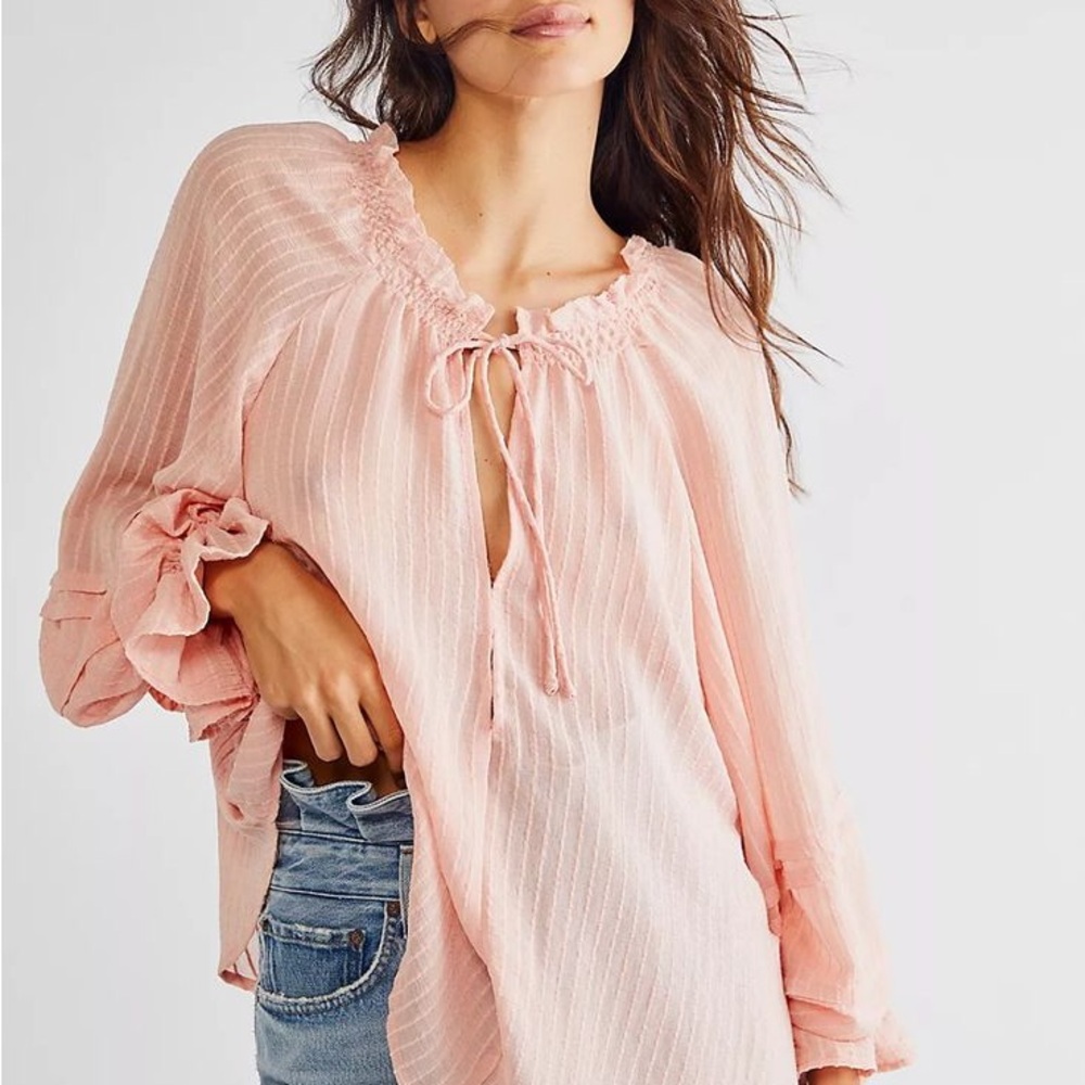 Free People’s Out of Town Tonal Stripes Long Sleeves Blouse in Pink, S, NWOT